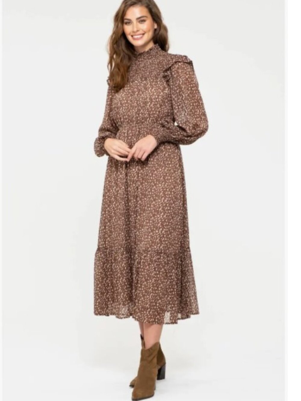 NWOT August Sky Brown Ditsy Floral Long Sleeve A-Line Midi Dress Medium